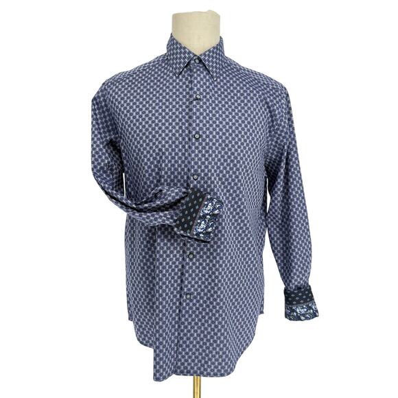 Robert Graham Woven Button Front Long Sleeve Shirt Navy Blue Geometric M - Picture 1 of 9